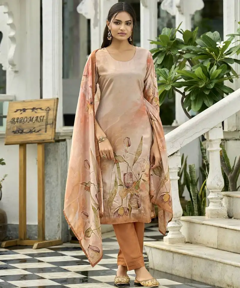 Peach ho organza floral printed straight kurta with pant & printed dupatta stitched