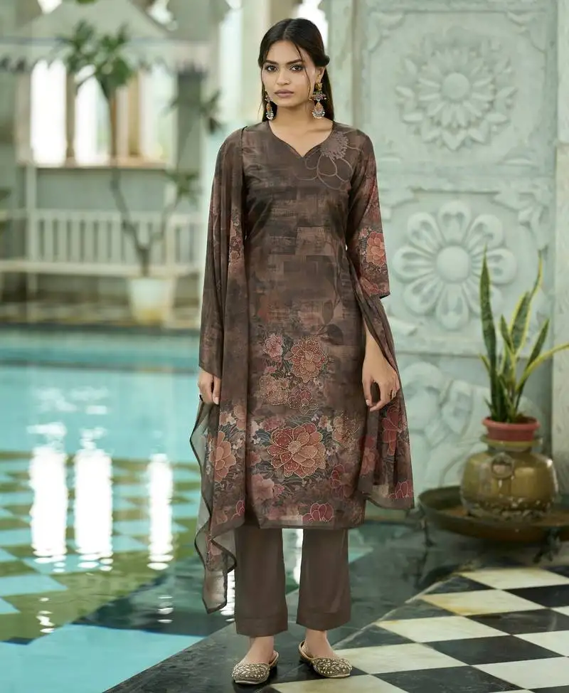 Brown ho organza floral printed straight kurta with pant & printed dupatta stitched