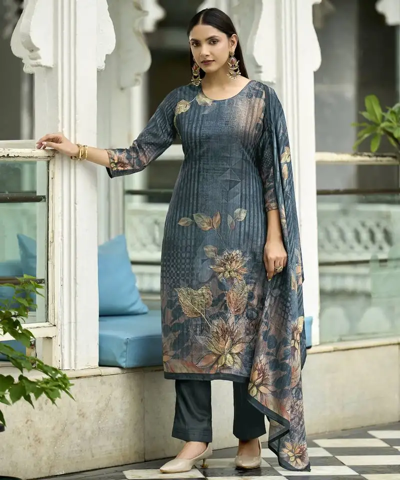 Teal blue ho organza floral printed straight kurta with pant & printed dupatta stitched
