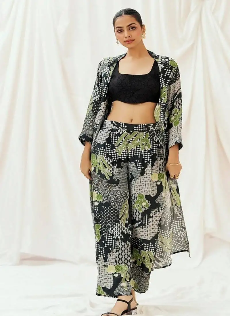 Black printed crepe jacket set