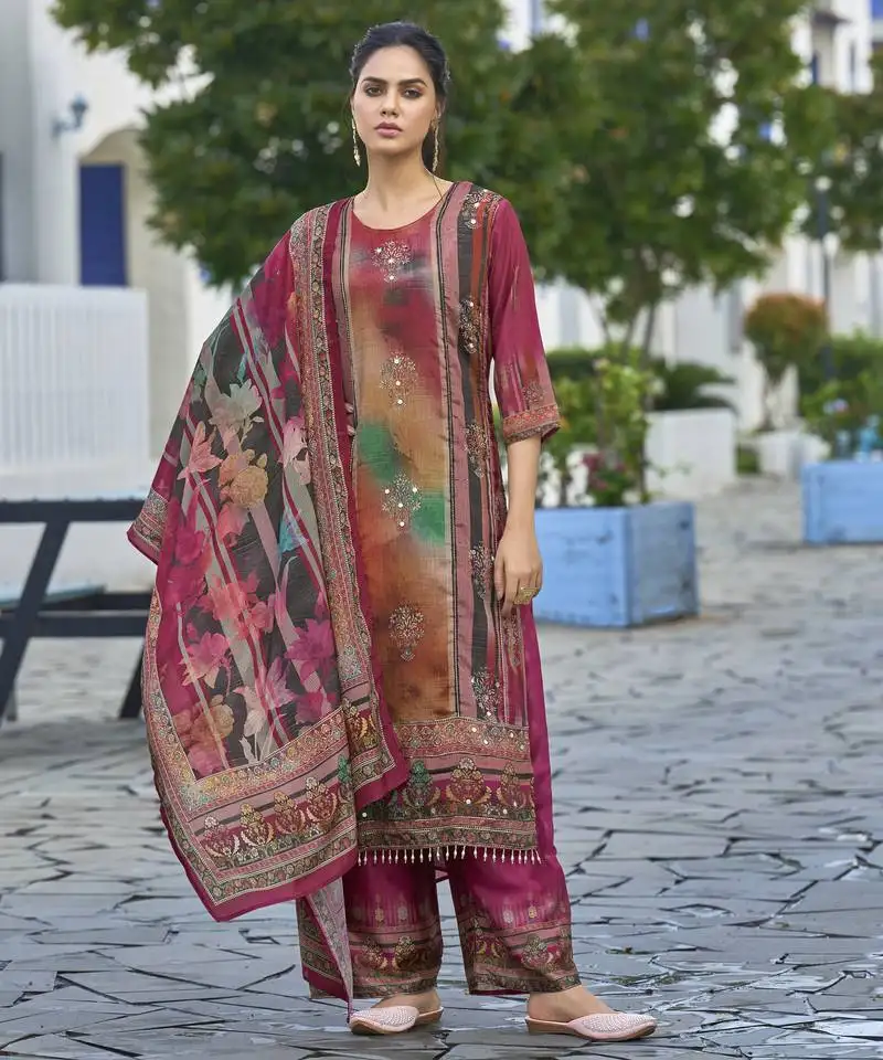 Multicolor chinon chiffon abstract printed straight kurta with palazzo & printed dupatta stitched