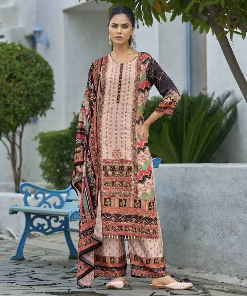 Peach chinon chiffon abstract printed straight kurta with palazzo & printed dupatta stitched