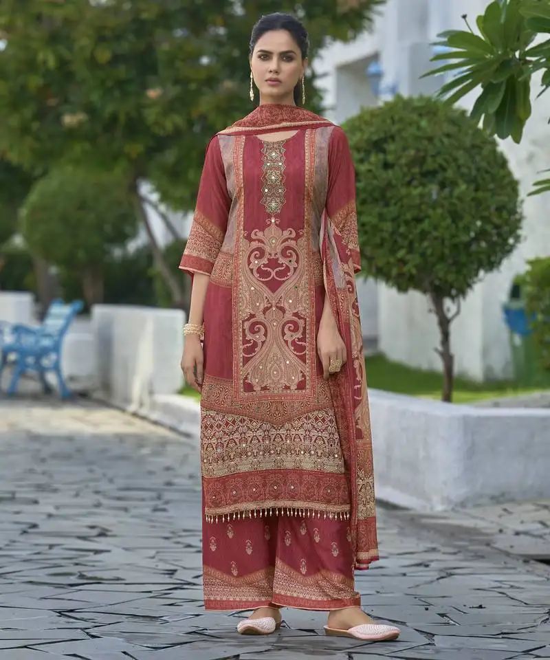 Maroon chinon chiffon abstract printed straight kurta with palazzo & printed dupatta stitched
