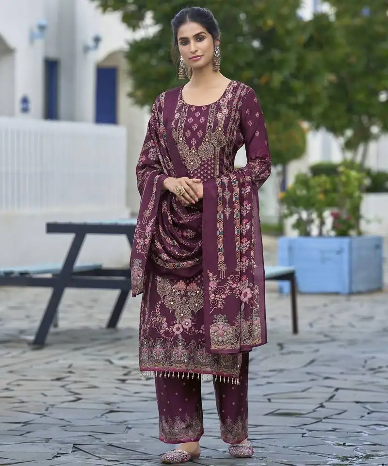 Purple chinon chiffon abstract printed straight kurta with palazzo & printed dupatta stitched