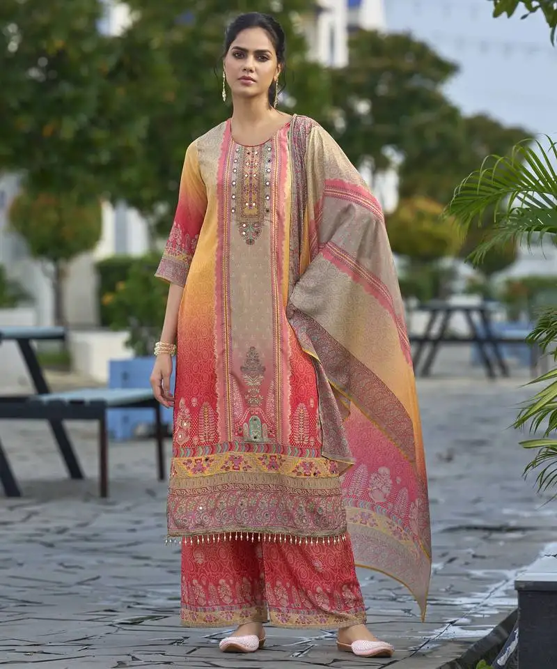 Red chinon chiffon abstract printed straight kurta with palazzo & printed dupatta stitched