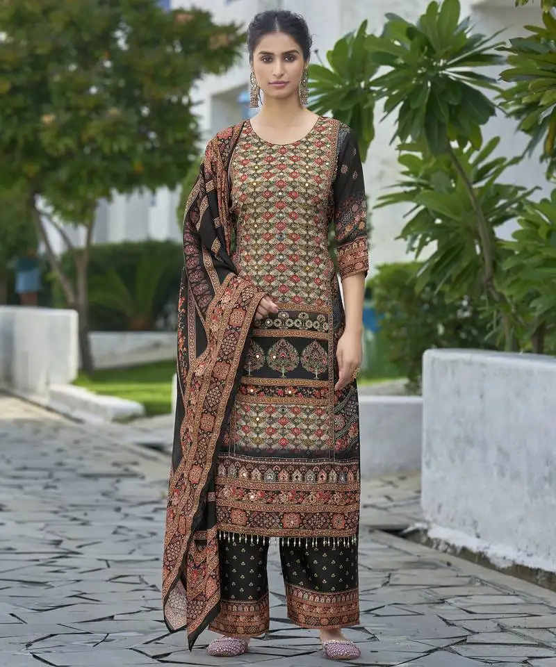 Black chinon chiffon abstract printed straight kurta with palazzo & printed dupatta stitched