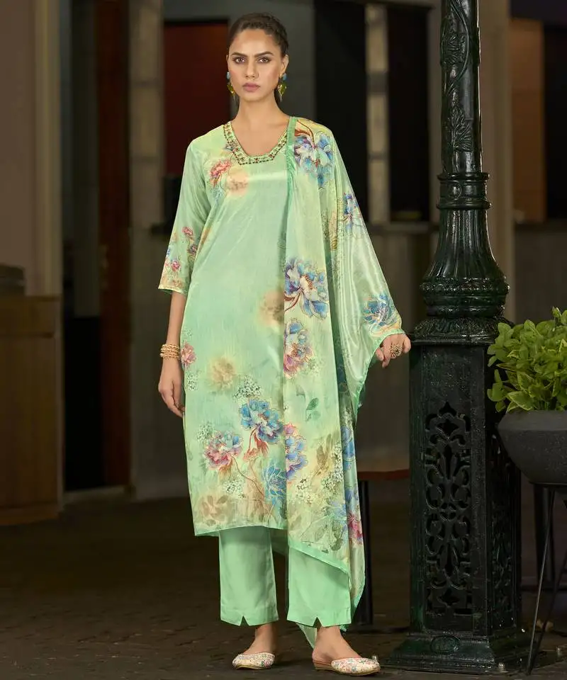 Light green chinon chiffon floral printed straight kurta with comfort fitting pant & printed dupatta stitched
