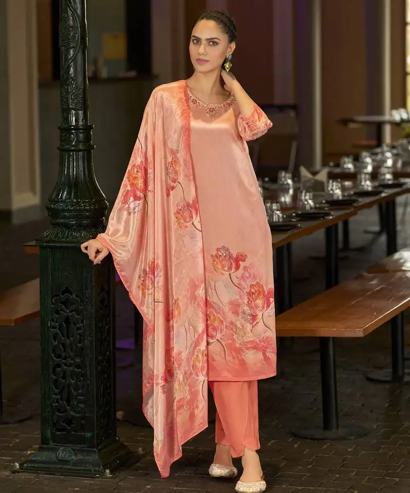 Peach chinon chiffon floral printed straight kurta with comfort fitting pant & printed dupatta stitched