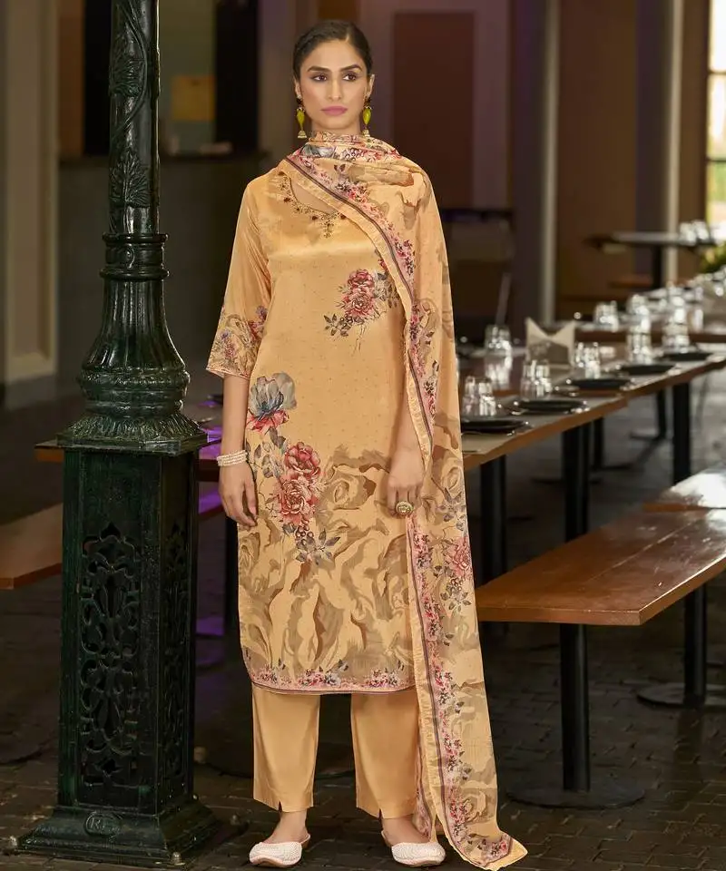 Light orange chinon chiffon floral printed straight kurta with comfort fitting pant & printed dupatta stitched