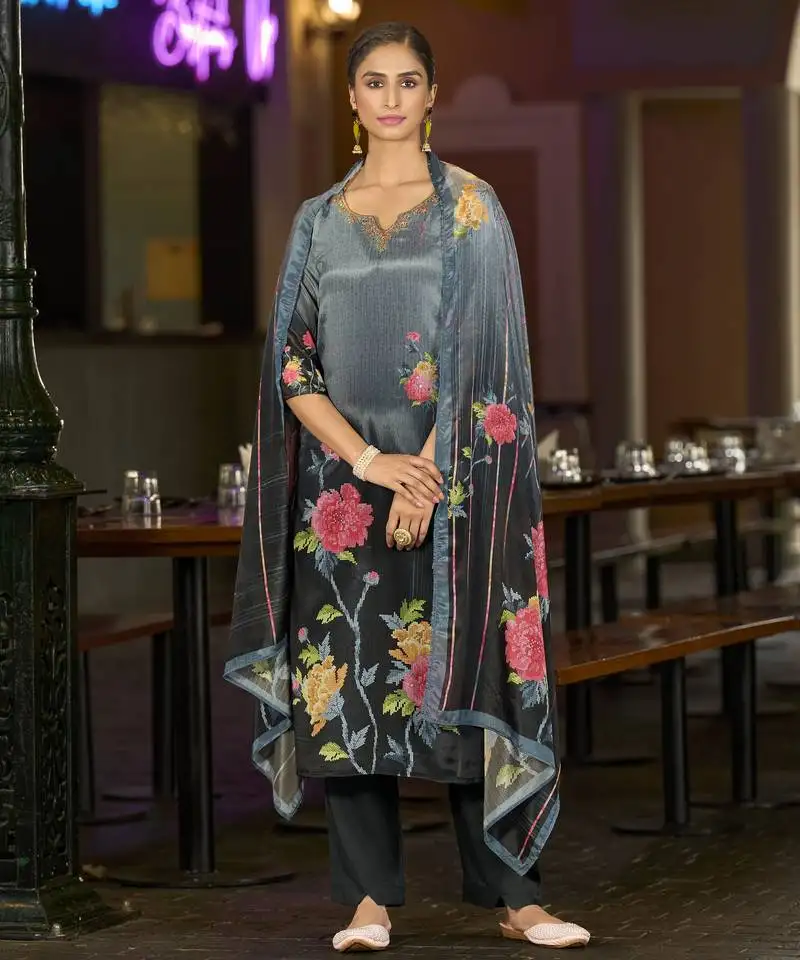 Grey chinon chiffon floral printed straight kurta with comfort fitting pant & printed dupatta stitched