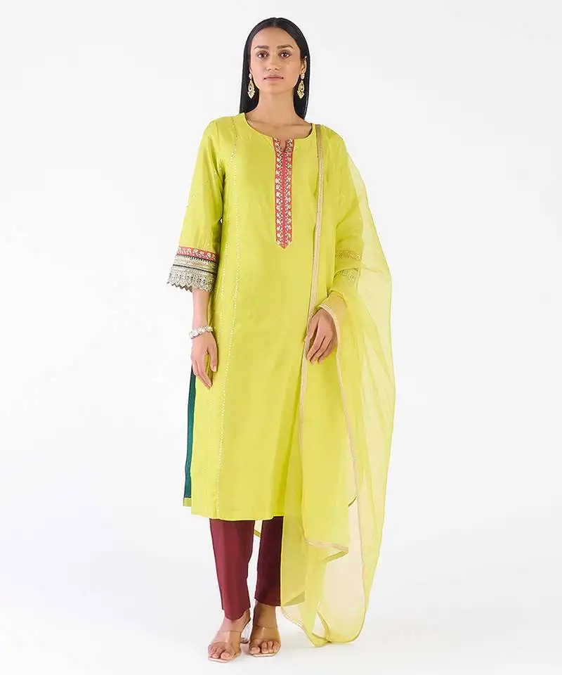 Lime embroidered chanderi kurta set