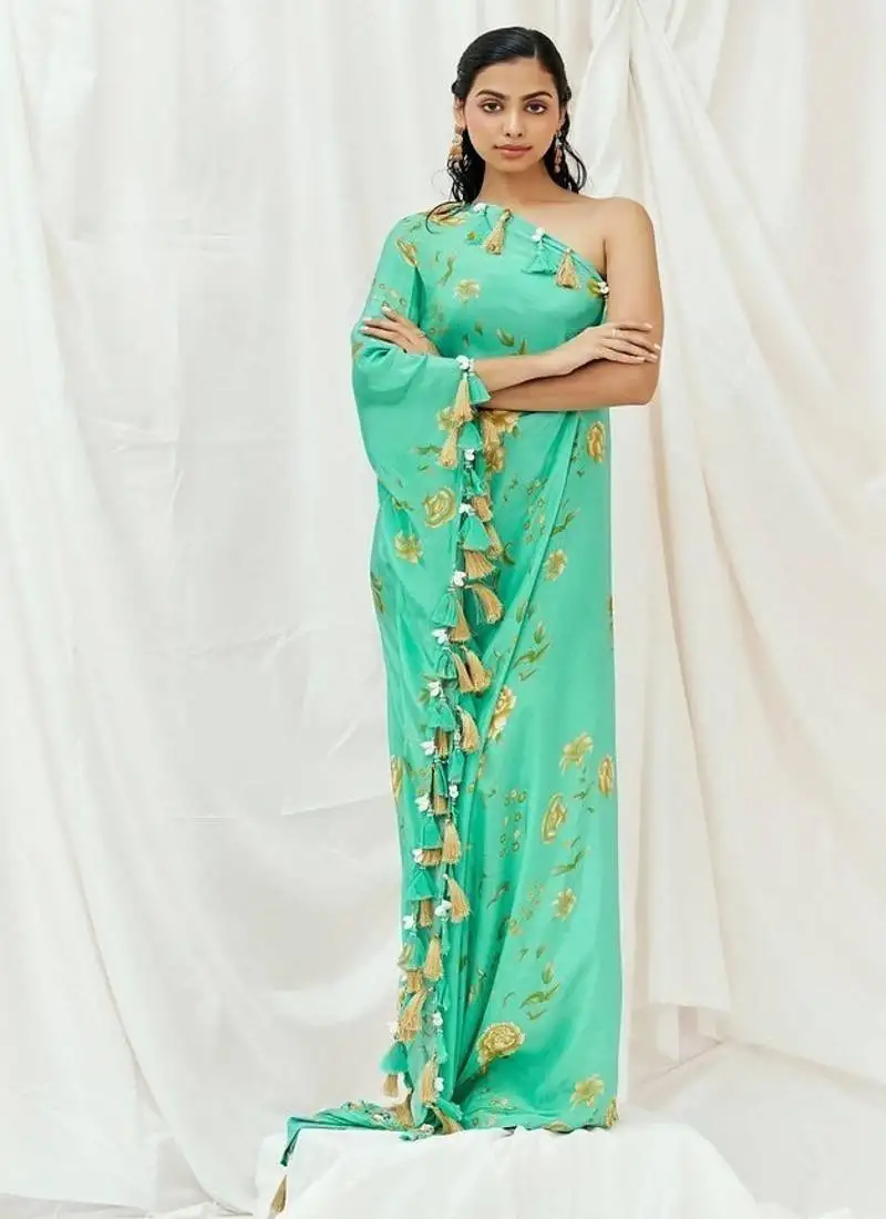 Turquoise blue printed crepe kaftan