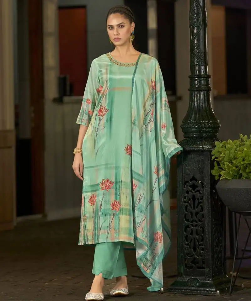 Green chinon chiffon floral printed straight kurta with comfort fitting pant & printed dupatta stitched