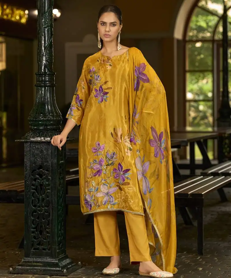 Mustard pure ho organza floral printed straight kurta with comfort fitting pant & printed dupatta stitched