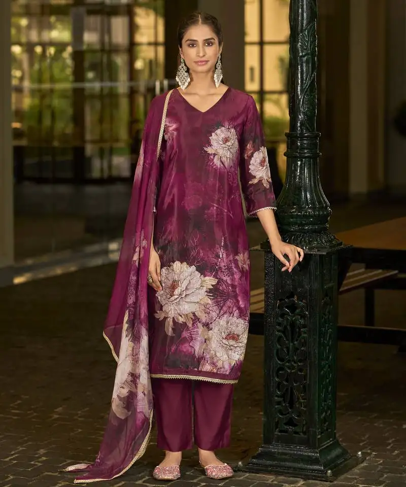 Maroon pure ho organza floral printed straight kurta with comfort fitting pant & printed dupatta stitched
