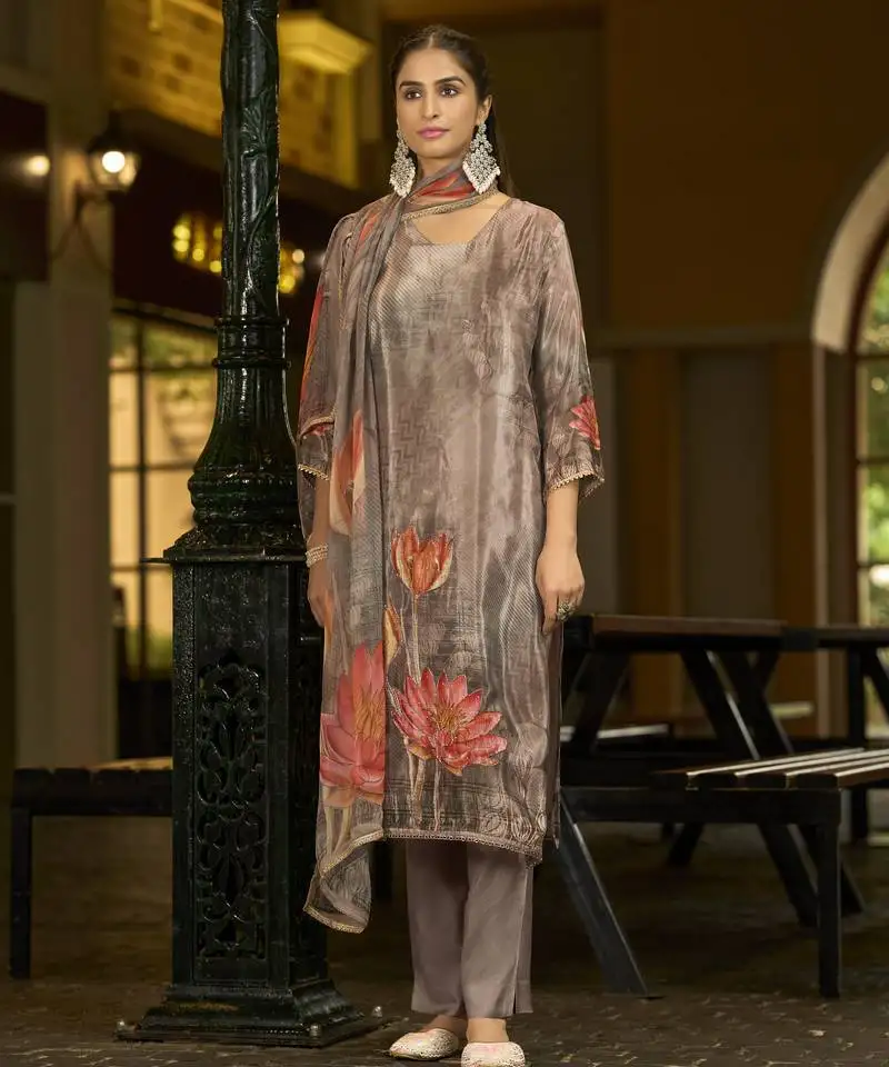 Brown pure ho organza floral printed straight kurta with comfort fitting pant & printed dupatta stitched