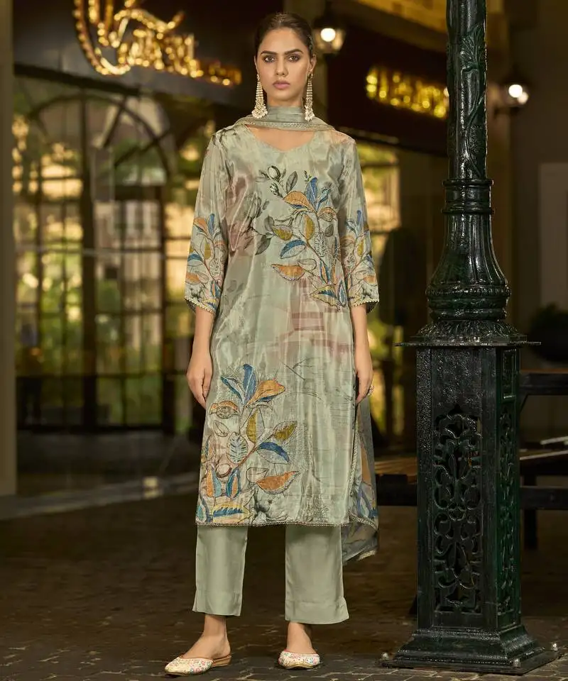 Green pure ho organza floral printed straight kurta with comfort fitting pant & printed dupatta stitched