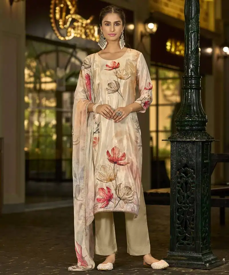 Cream organza floral printed straight kurta with comfort fitting pant & printed dupatta stitched
