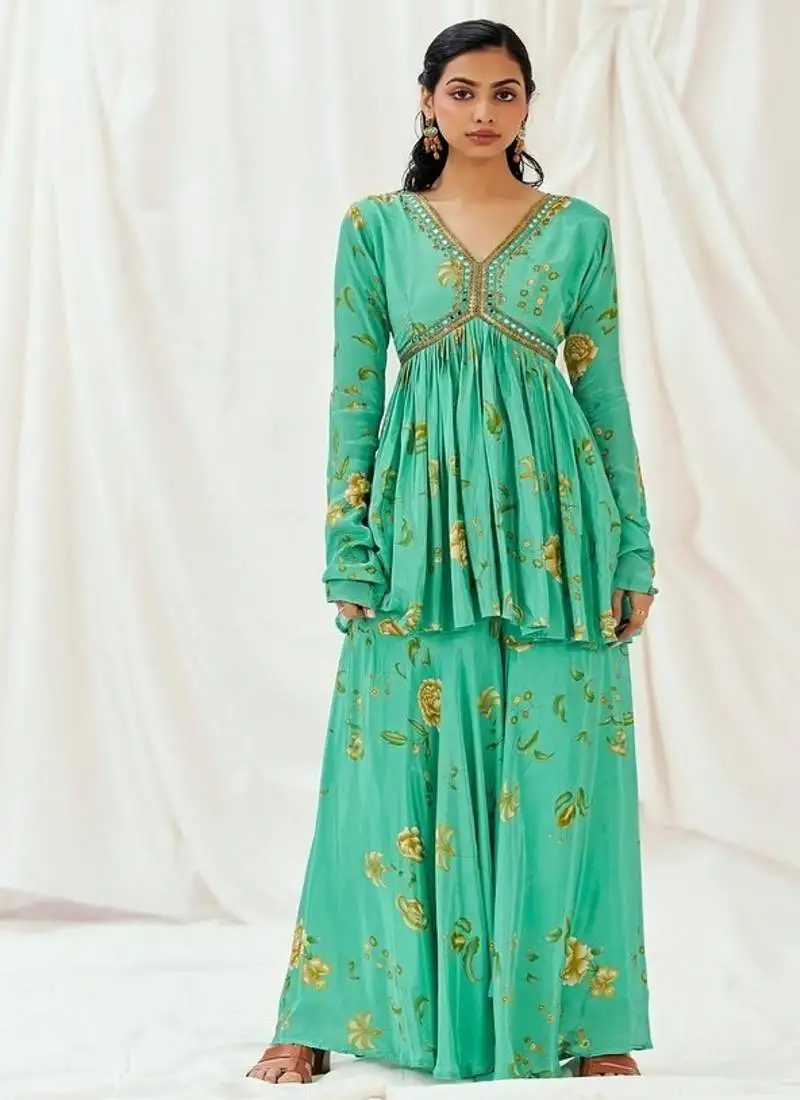 Turquoise blue printed crepe co ord set