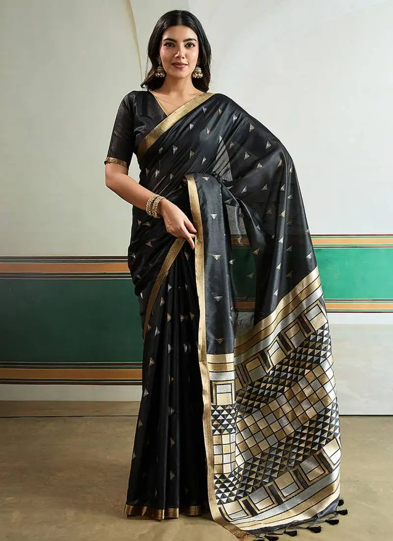Black handloom weaving silk blend festival wear saree