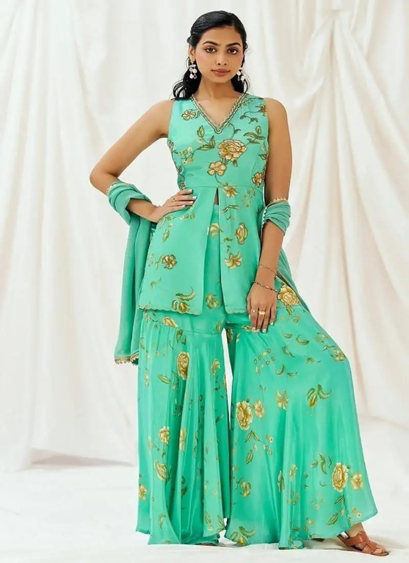 Turquoise blue printed crepe sharara