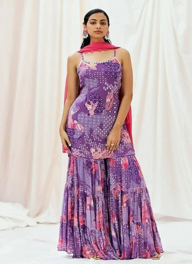 Violet embroidered georgette sharara