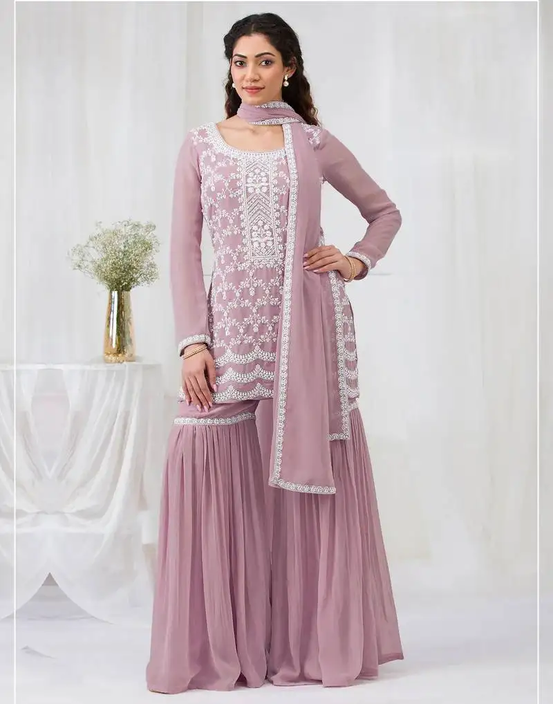 Pink color embroideried faux georgette salwar suit unstitched