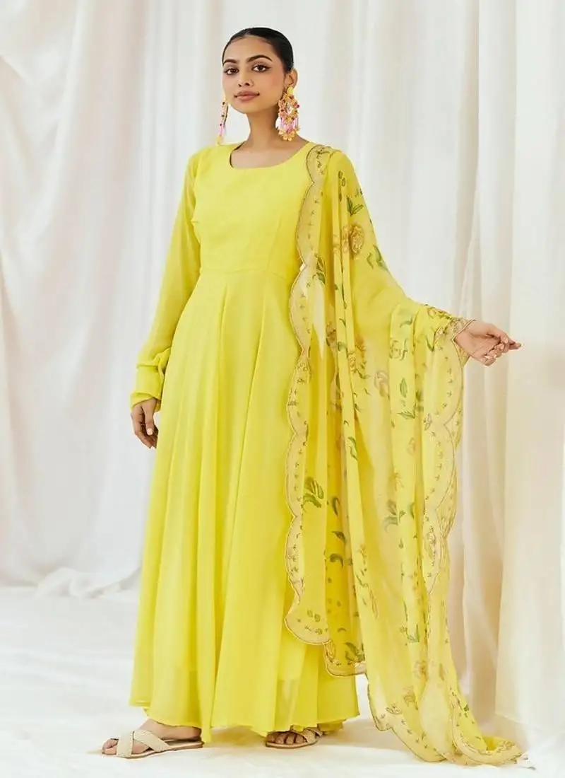 Yellow plain georgette anarkali