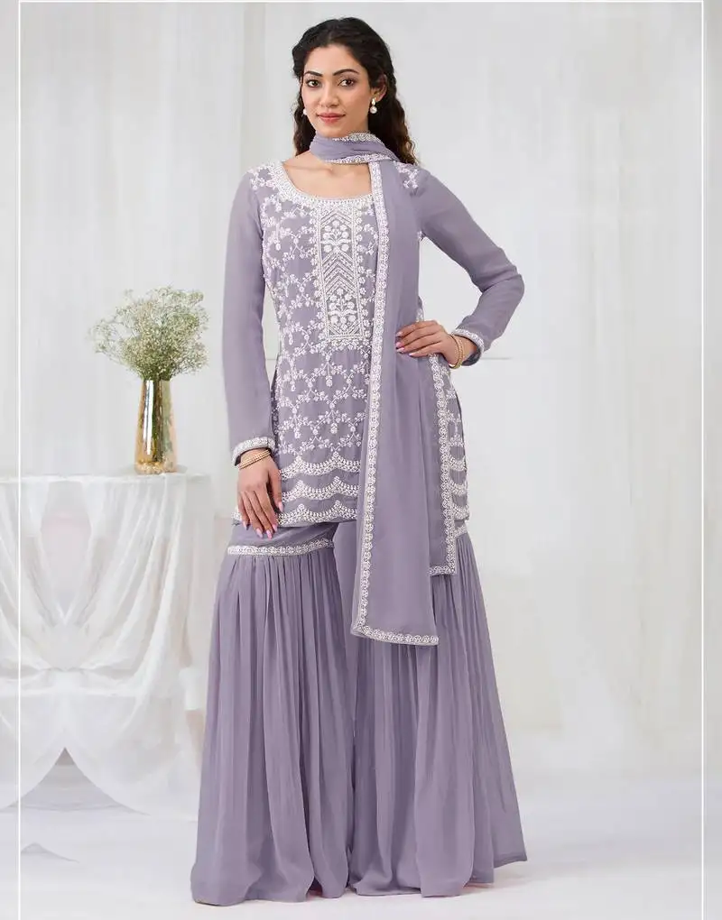 Lavender color embroideried faux geogette salwar suit unstitched