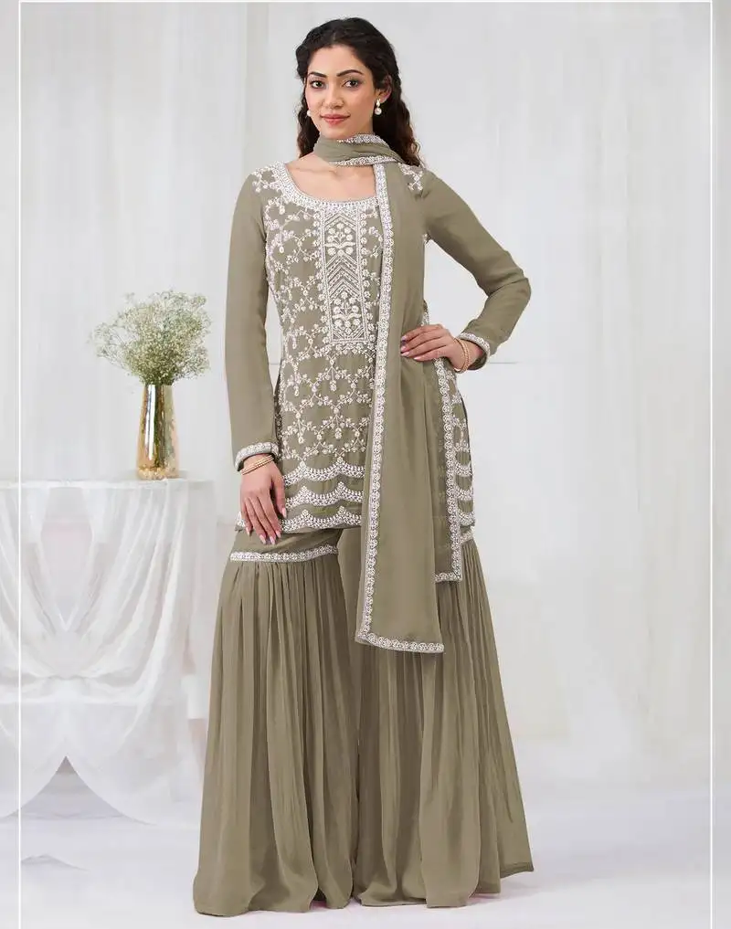 Mehendi color embroideried faux georgette salwar suit unstitched