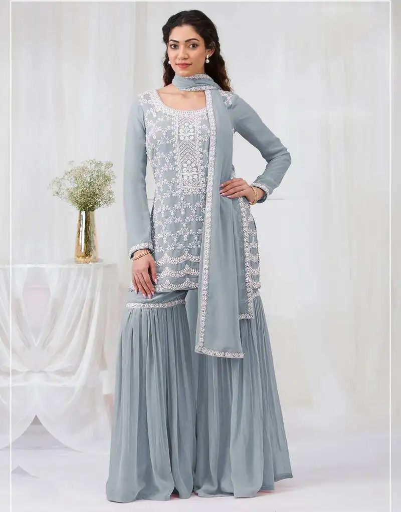 Sky blue embroideried faux georgette salwar suit unstitched