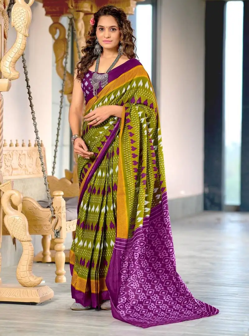 Mehandi mulmul cotton printed fancy saree with blouse