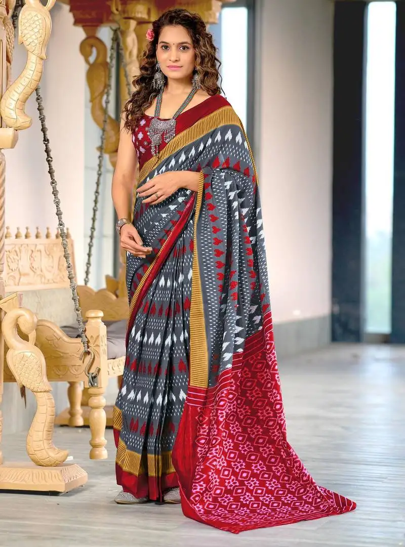 Grey mulmul cotton printed fancy saree with blouse