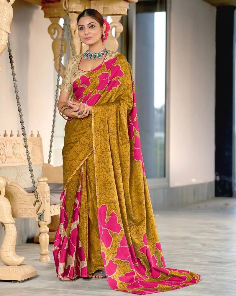 Mustard soft cotton printed fancy saree with blouse