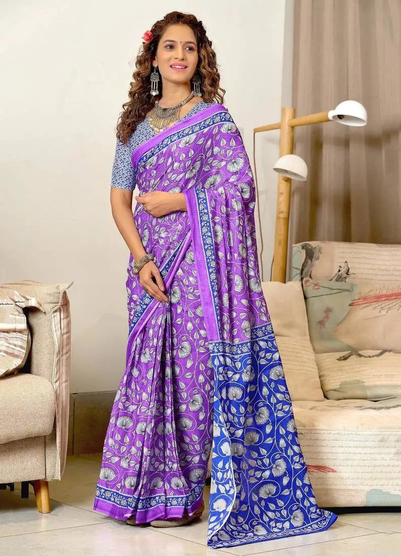 Purple mulmul cotton printed fancy saree with blouse