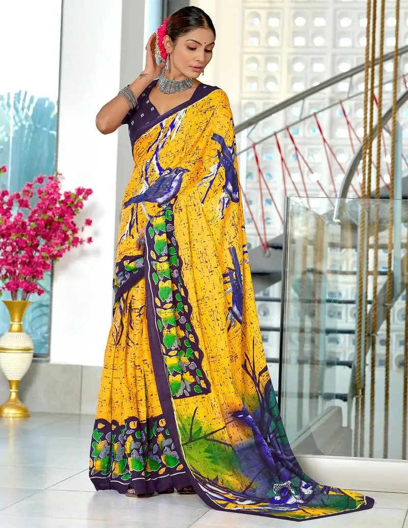 Yellow mulmul cotton printed fancy saree with blouse