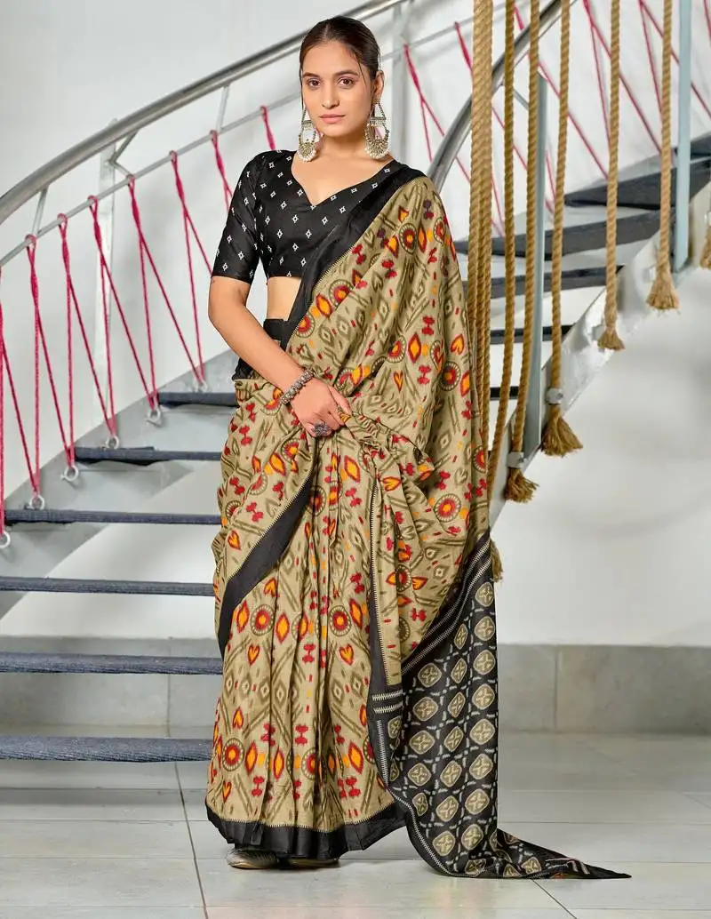 Beige soft cotton printed fancy saree with blouse