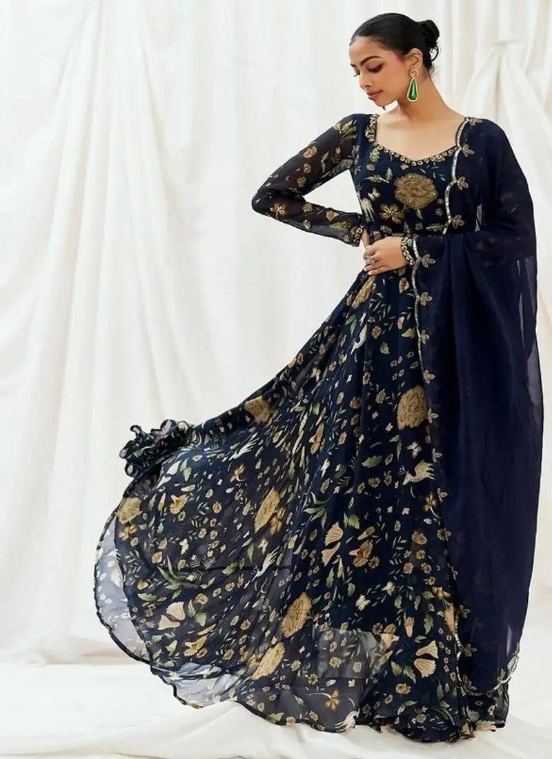 Navy blue printed georgette anarkali