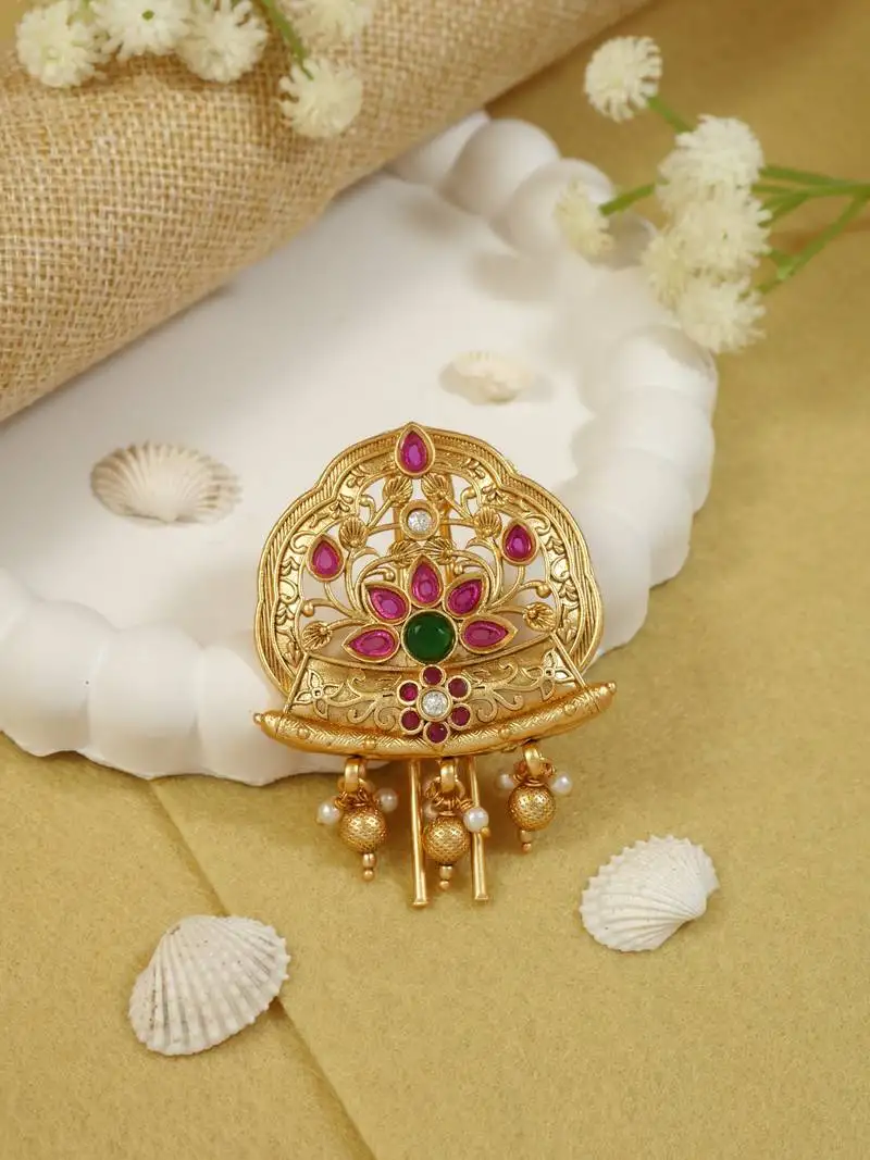 Traditional peacock design gold plated juda pin::Hair brooch::Jadai billa with stones and pearl for women