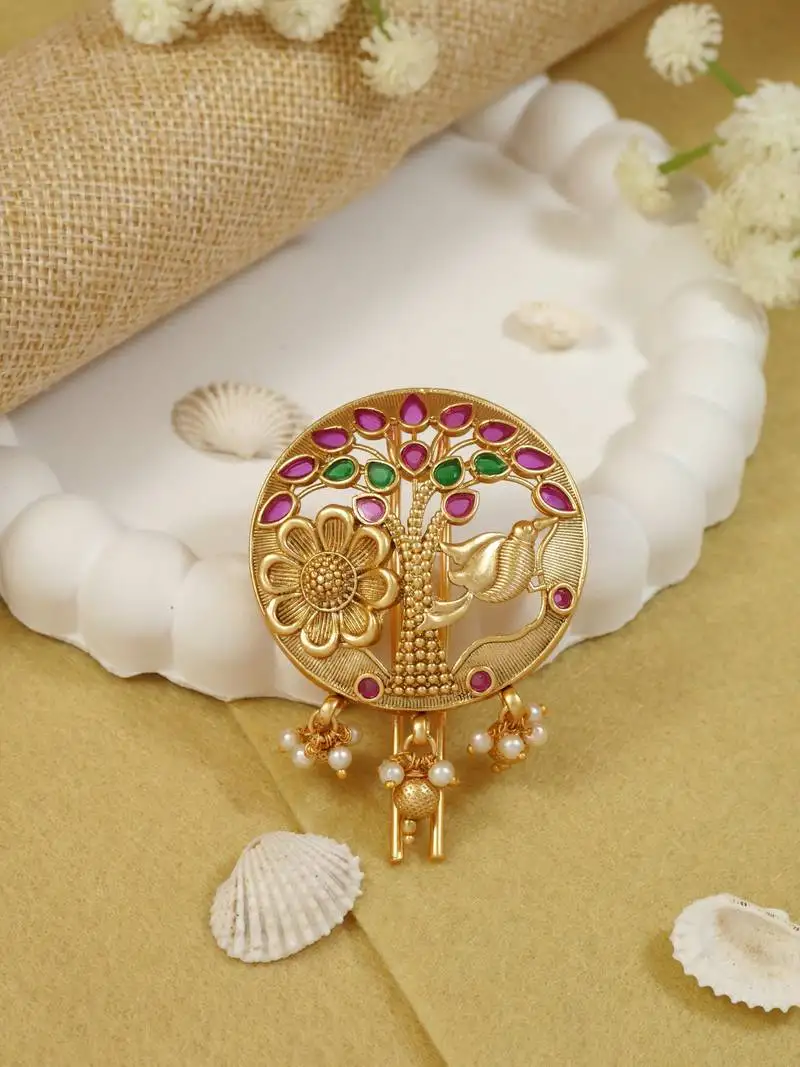 Tree motif juda pin::Hair brooch::Jadai billa in gold plated traditional with accents and dangling pearls for women