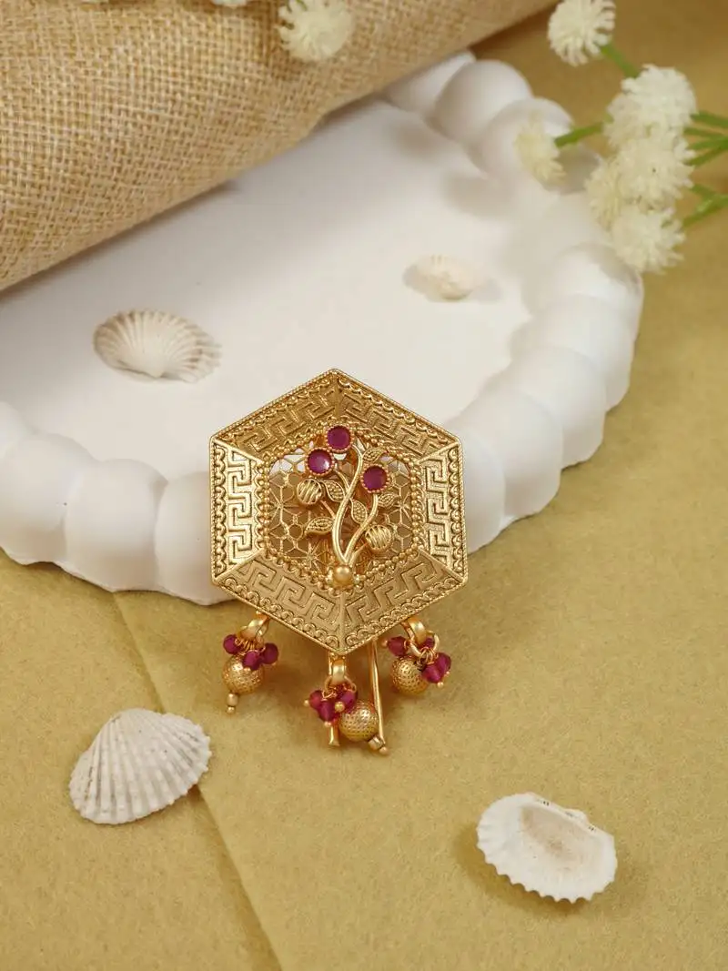 Hexagon design juda pin::Hair brooch::Jadai billa with stones and detailing for traditional looks for women