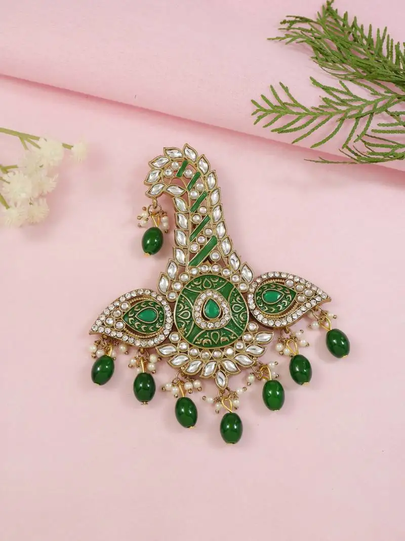 Gold plated traditional stone pearl drop safa kalangi brooch for groom::Men::Dulha pagadi
