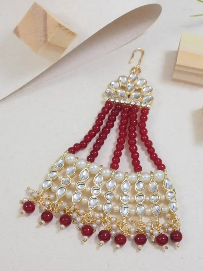 Gold plated mughal beautiful long pearl kundan jhumar passa::Jhoomar maang tikka head accessory for women