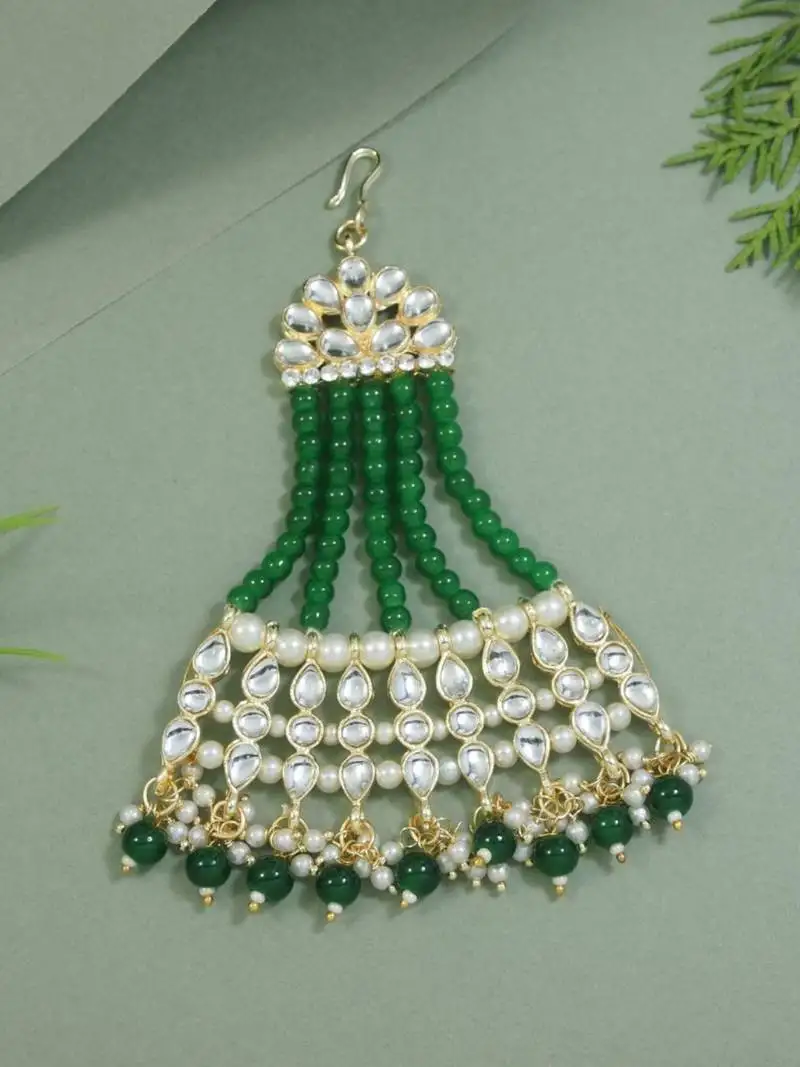Gold plated mughal beautiful long pearl kundan jhumar passa::Jhoomar maang tikka for women