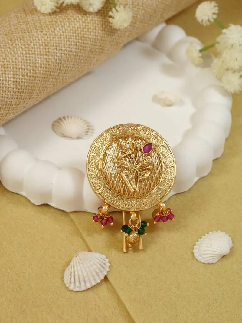 Round gold plated traditional juda pin::Hair brooch::Jadai billa with leaf pattern and beads