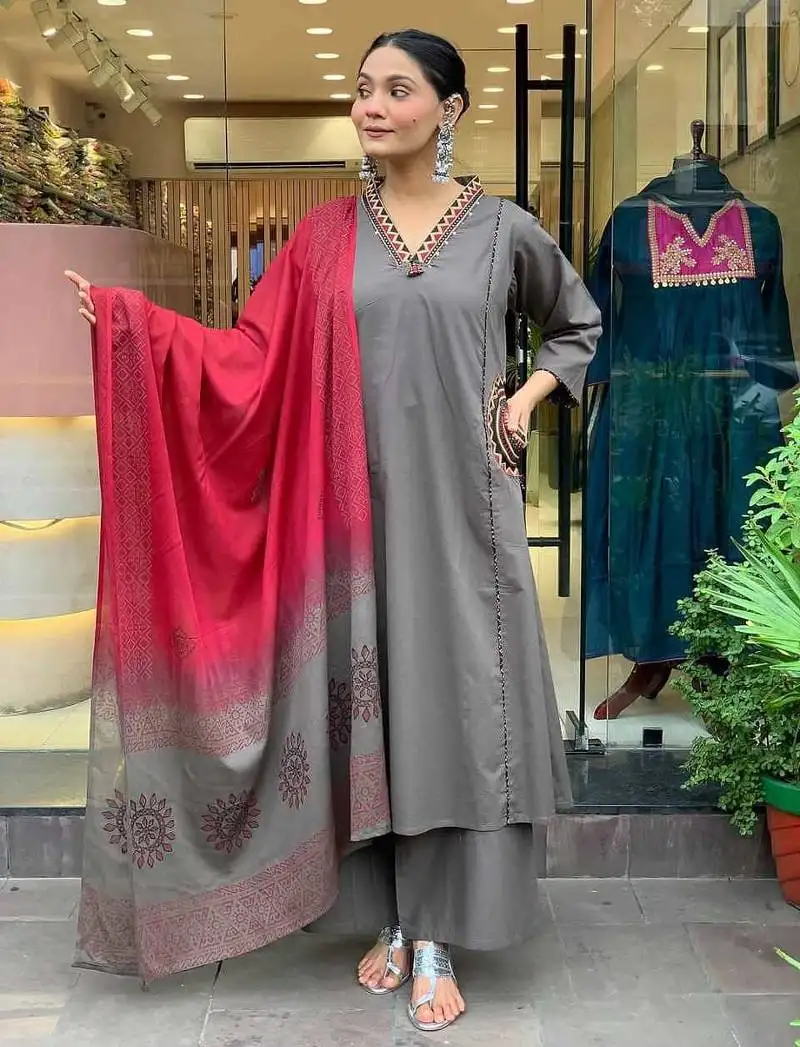women pure cotton embroidered grey kurta with pant and dupatta