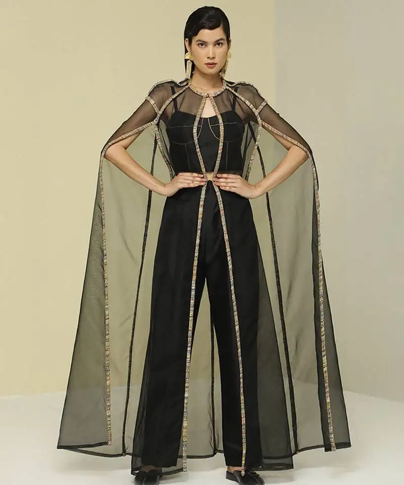 Black plain silk cape set