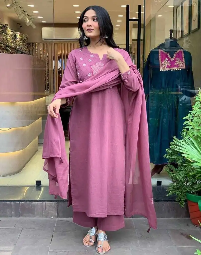 women pure cotton embroidered lilac kurta with pant and dupatta