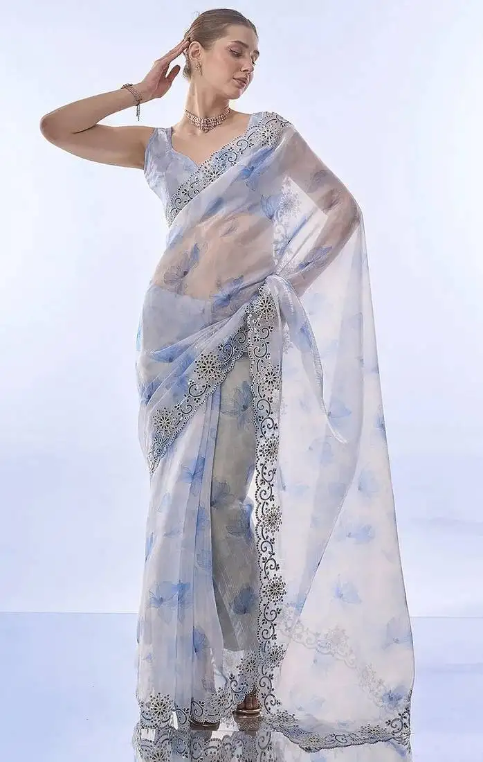 Skyblue soft space silk blend with printed and coding sequence work saree with unstitched blouse