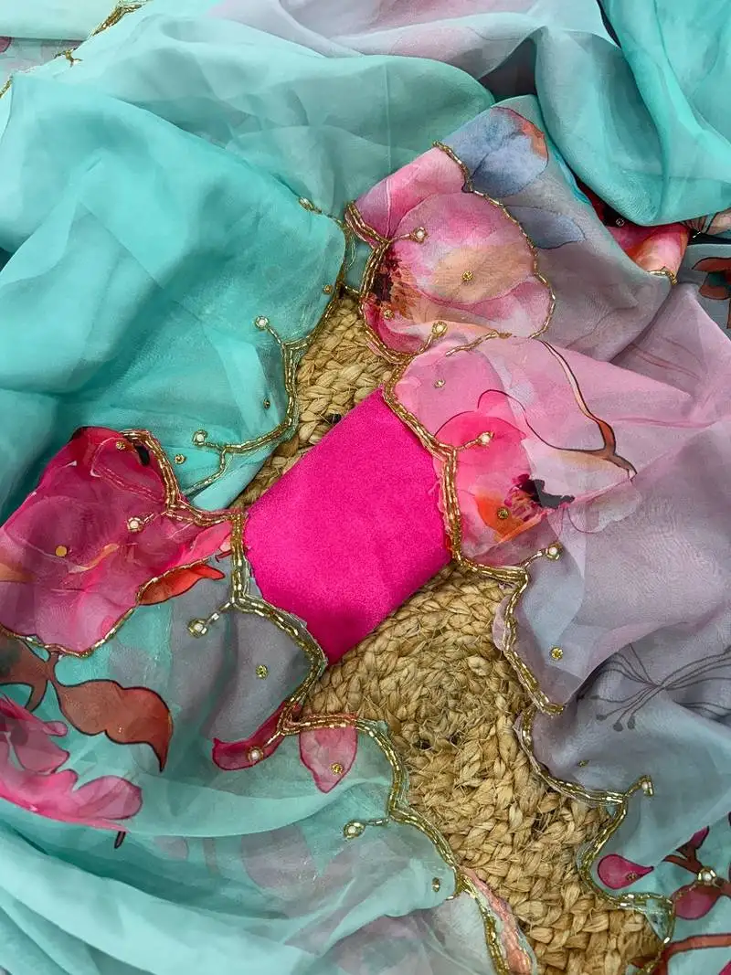 Skyblue soft tabby silk blend printed with pearl handwork saree with unstitched blouse